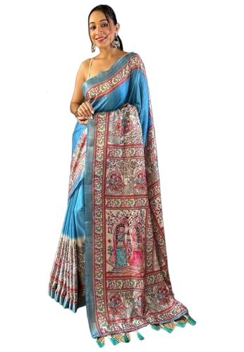 Image of Panzora Women's Tussar Silk Madhubani Printed Saree With Unstitched Blouse Piece
