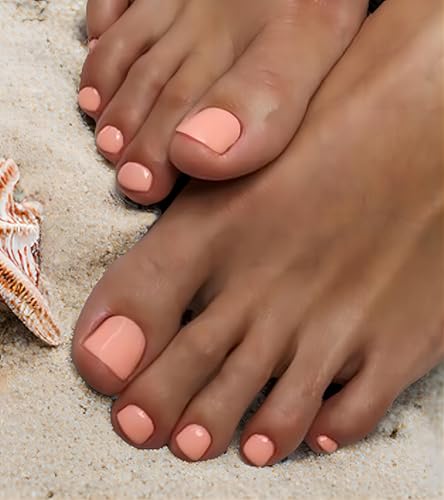Morily Summer Press on Toenails Short Square, 28Pcs Nude Pink Fake Toenails Glossy False Toes Nails Reusable Full Cover Beach Acrylic Toe Nails for Women