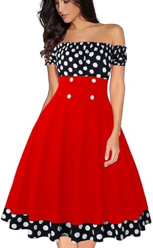 Vestido Pin Up Años 50 con Corset y Lunares – Escote Bardot, Corte A y Cintura Alta Retro