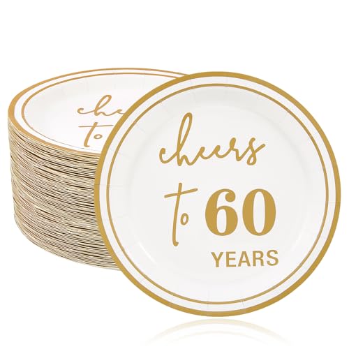 Ottin 7 Inch Gold Dessert Plates 50ct, “Cheers to 60 Years” White Disposable Paper Plates for 60th Birthday Party, Anniversary Decorations & Milestone Events