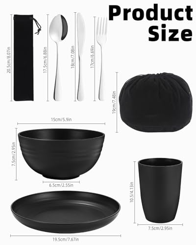 Camping Besteck Set, Camping Geschirr Schwarz, Edelstahl-Besteck, wiederverwendbarer Leichter Becher, spülmaschinenfest mit Becher, Schüssel, Teller und Tasche, Ideal für Outdoor, Picknick und Reisen