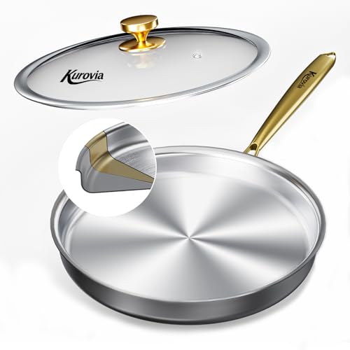 Kurovia Tri-Ply Stainless Steel Frying Pan Compatible with All Cooktops Up to 600 Large Frying Pan with lids Induction-Ready Skillet Dishwasher and Oven Safe Even Heat with Gold Handle (12.4In)