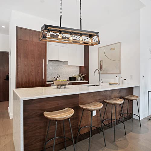 Bribyit Rustic Farmhouse Chandelier, Wood Dining Room Light Fixture, 5 Lights Rectangle Chandelier, Kitchen Island Hanging Light For Dining Living Room, Pool Table, Bar #TOP6