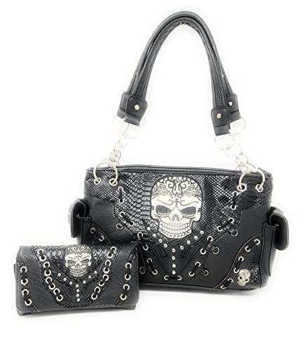 western rhinestone skull concho stitched handbag purse set (black)