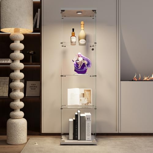Mokylor Vitrina de cristal de 4 niveles, vitrina de cristal con puerta curiosa, con luz y cerradura, estantería de esquina para salón, oficina, colección, (blanco)