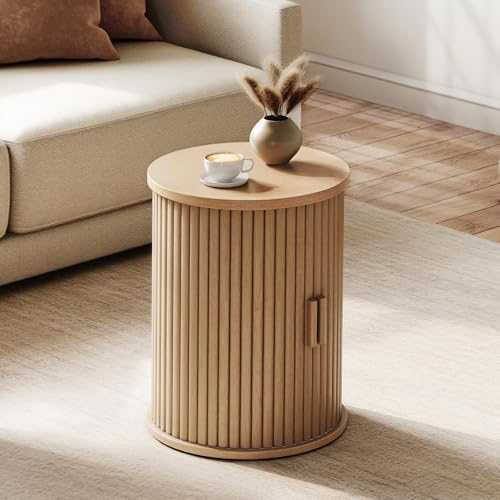 YITAHOME Runder Tisch mit Schiebetürenschrank, Beistelltisch mit 2-stöckigem Aufbewahrungsregal für Schlafzimmer, Esszimmer, Wohnzimmer, Home Office, oder Wohnung, kleiner Couchtisch/Nachttisch, helle – Bild 3