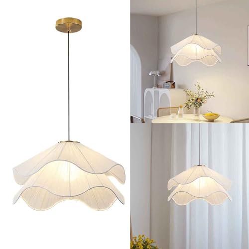 Modern Fabric Pendant Light|Adjustable Height Cream Petal Fabric Shade Ceiling Hanging Light Fixture|LED Warm Light for Dining Room,Kitchen Island,Bedroom,Living Room (White,50CM)