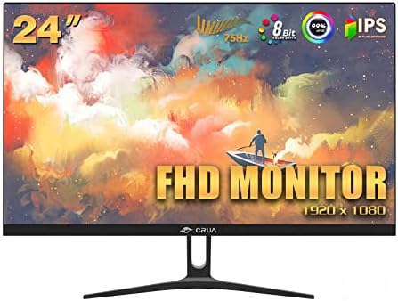 CRUA 24″ Monitor, IPS FHD(1920x1080P) 75HZ, 99% sRGB Color Gamut Professional Computer Monitor, PCMonitors with Low Blue Light 178° Wide View, 3-Sided Narrow Bezel and VESA Mountable(HDMI, VGA)-Black