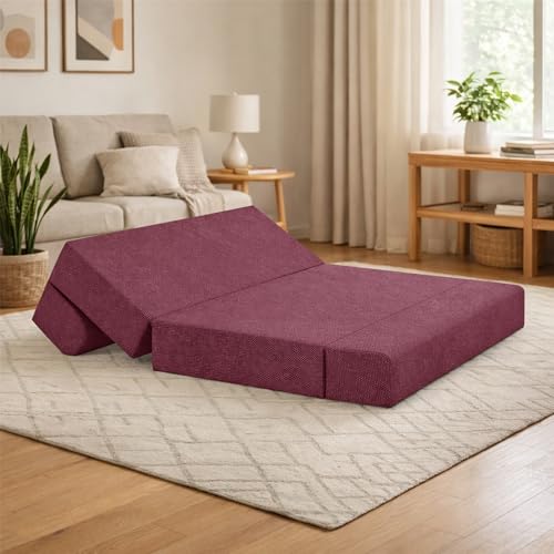 Image of VANSH FURNITURE - Foldable Two Seater Sofa Bed 4 X 6 Ft Jute Fabric Washable Cover Sofa Cum Bed with Cushions Convertible Sofa Bed for Home (Maroon Color - Pre-Assembled)
