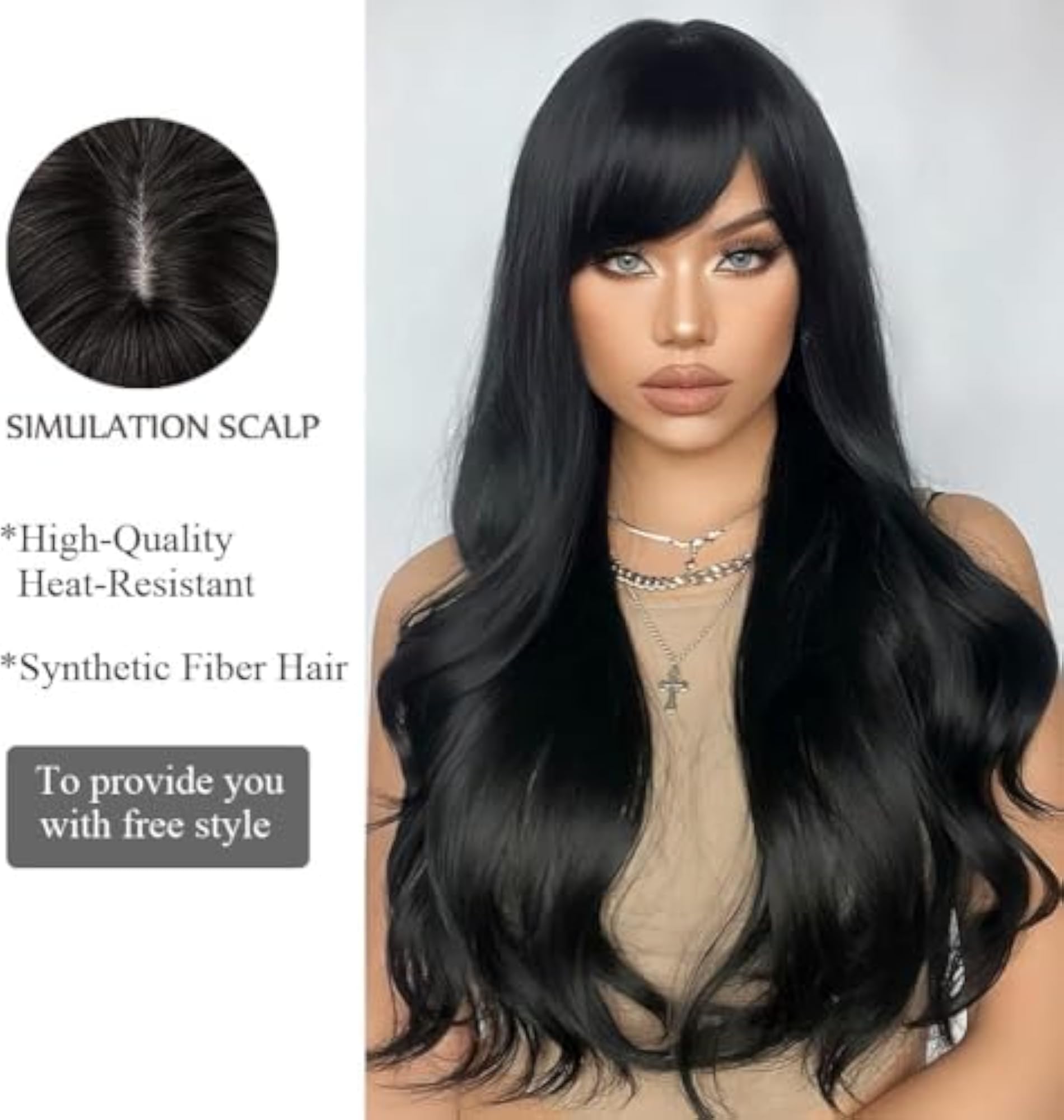 Women Matt Finish Synthetic Long Wavy Front Hair Wig Bangs Black