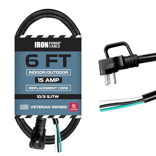 Iron Forge Cable Flat Plug 10 Gauge Power Cord Replacement - 6ft,15 Amp Black Heavy Duty, 10/3 SJT 3 Prong Cable for Appliances & Power Tools