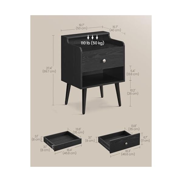 Vasagle nightstands set of 2 bedside tables with hidden drawers mid century end tables with solid wood legs side tables for bedroom ebony black ulet624b01  urban country home decor