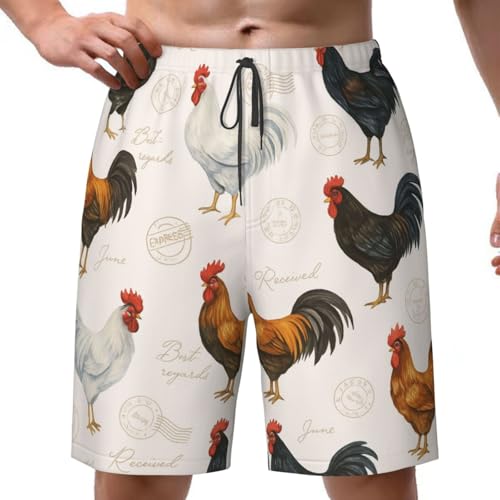 Mens Rooster Chicken Retro Swim Trunks Quick Dry Swim Beach Shorts with Mesh Lining Pockets Large