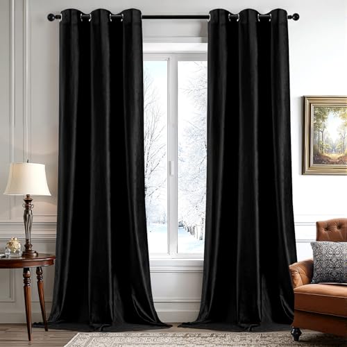 ANRODUO Black Velvet Curtains 84 Inches Long Blackout Thermal Insulated Soundproof Curtain Privacy Room Darkening Curtains Grommet Window Drapes for Bedroom Living Room 42 x 84 Inch Set of 2