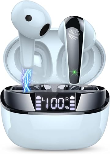 Auriculares inalámbricos Bluetooth 5.3 con auriculares estéreo HiFi inalámbricos, auriculares de 47 horas con 4 micrófonos ENC con cancelación de ruido, doble pantalla LED IP7, impermeables, USB-C