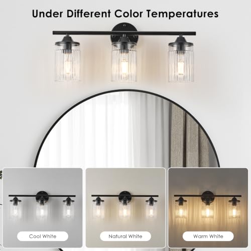 Image of Jonsi Black Bathroom Light Fixtures 3-Light Vanity Lights Modern Wall Sconce with Clear Glass Shade Bathroom Light Fixture Over Mirror for Bedroom Hallway Kitchen