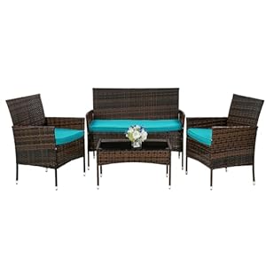 PayLessHere Outdoor Furniture Set 4 Pcs Modular Patio Furniture Set Water Resistant Conversation Set with 3 Rattan Chairs 1 Tempered Glass Topped Table for Patio Poolside, Brown Wicker/Blue Cushions