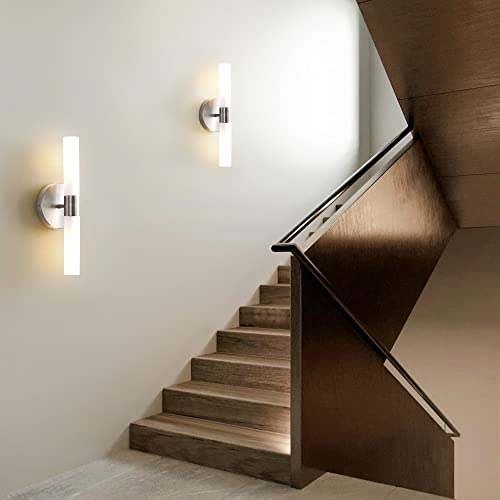 Wall Sconces Set Of Two,Brushed Nickel Modern Bathroom Sconces Wall Lighting Frosted Glass Shade Indoor Wall Mounted Lights Indoor Bathroom Vanity Light Fixtures For Bedroom Living Room Stairs #TOP4