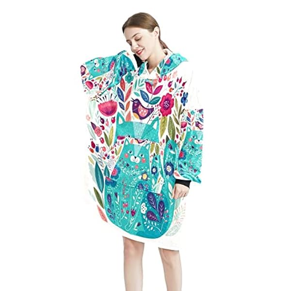 Draagbare deken hoodie, oversized capuchon voor vrouwen, comfortabel sweatshirt Kitty omringd door vogels bloemen lieveheersbeestjes, Multicolor, One Size