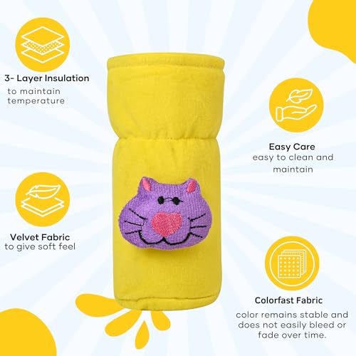 Image of Soft Plush Stretchable Baby Feeding Bottle Cover Easy to Hold Strap with Cute Animated Cartoon| Suitable for 60-125 Ml Feeding Bottle (Peach-Yellow)