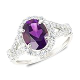 MAX + STONE Solid 10K White Gold Purple Amethyst Rings for Women | Oval Cut February Birthstone Ring | Anti Tarnish 10kt Gold Genuine Amethyst Statement Cocktail Gemstone Rings For Women Size 6