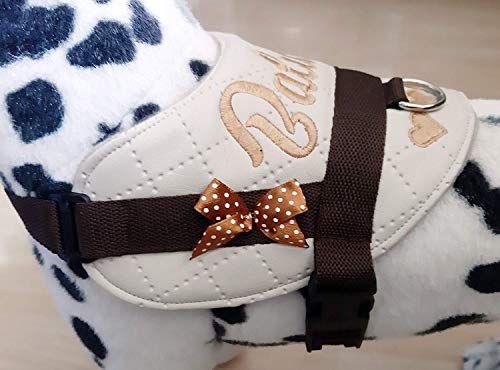 Hundegeschirr S M L XL XXL mit Wunsch Namen bestickt Kunstleder Cream Braun für kleine mittelgroße und große Hunde