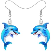BONSNY Acrylic Dangling Novelty Fun Blue Cute Dolphin Earrings Hypoallergenic Designer Ocean Animals Jewelry Gifts For Women