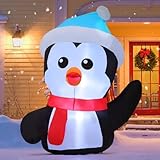 GOOSH 4.2 FT Christmas Inflatables Penguin Outdoor Decorations Blow Up Yard Cute Penguin with Blue Hat with Built-in LEDs for Garden Lawn Indoor Party Decor