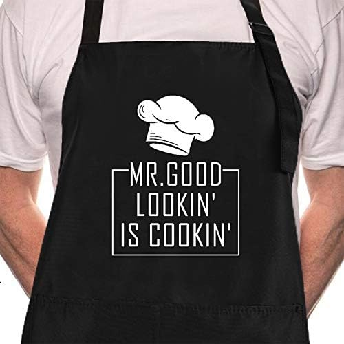 Rosoz Funny BBQ Black Chef Aprons for Men, Mr Goodlookin' is Cookin'