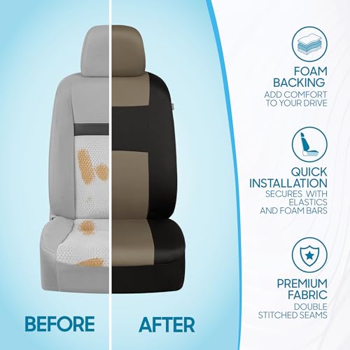 Image of BDK PolyPro Seat Covers Full Set in Beige on Black - Front and Rear Split Bench Seat Covers for Cars, Car Accessories for Auto Trucks Van SUV
