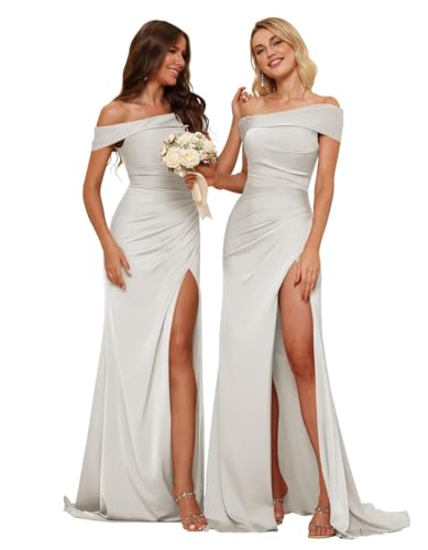 Vestido de dama de honor de satén para mujer, con hombros descubiertos, vestido de noche con abertura en la cola, plata, 38