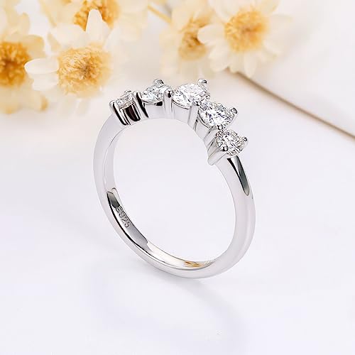 Moissanite Wedding Band for Women 5 Stone Stackable Moissanite Half Eternity Ring Curved 18K White Gold Plated 925 Sterling Silver Round Cut D Color VVS1 Guard Enhancer Size 4-112