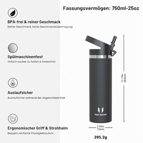 Sparrow Trinkflasche Edelstahl 750ml Thermosflasche mit Strohhalm Deckel – Ansicht 3