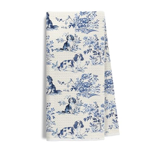 Image of Chinoiserie Cavalier King Charles Spaniel Kitchen Towels, King Charles Cavalier Gifts Dish Tea Towels for Kitchen, Grandmillennial Toile de Jouy Dog Hand Towels for Bathroom, 16x24 Inch