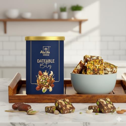 Image of Aladdin Dates Dateable Bites 200g | Dates Barfi & Dry Fruit Bites | Made with Pure Ghee, Dates, Honey, Almonds, Cashews & Pista | No Added Sugar | Gluten Free Healthy Indian Sweet