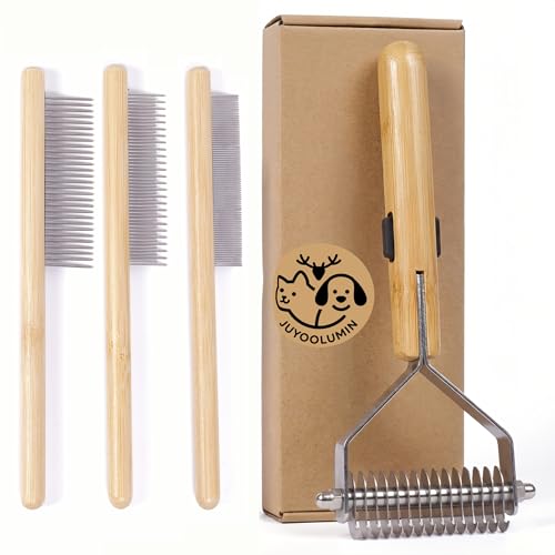 Juyoolumin Cat Comb, 4-in-1 Bamboo Dematting Tool and Undercoat Rake Set