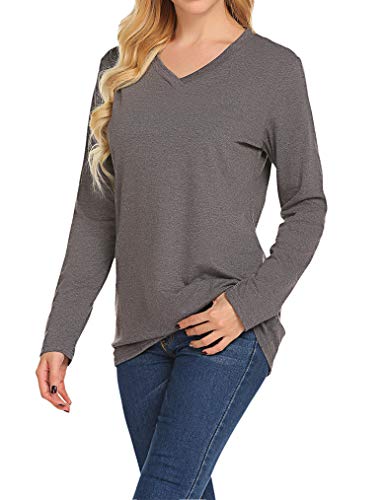 Qearal Womes Loose V Neck Blouse Solid Tees Shirts Long Sleeve Tops Plus Size (XXL, Dark Grey)