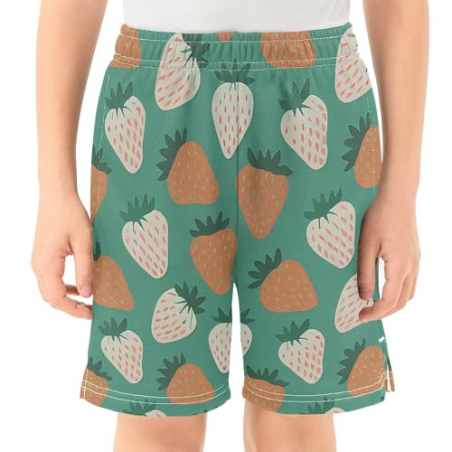 Cute Strawberry Athletic Shorts with Zipper Pockets, Youth Boys Athletic Running Shorts for Summer2