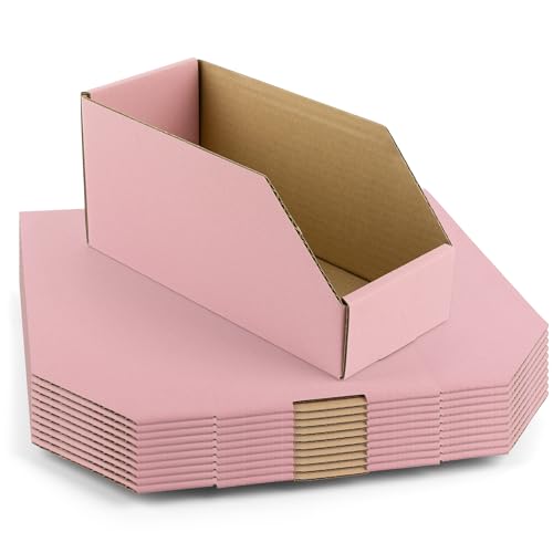 Golden State Art, 9.4x4x4.5 Cardboard Storage Bins, 10 Pack Corrugated Open Top Bin Box for Shelves Garage Office Warehouse Organization, Pink