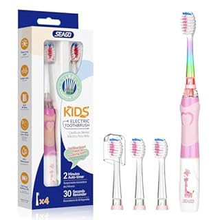 Seago Spazzolino Elettrico Bambini dai 3-12 Anni con Timer di Spazzolamento e Lampade a LED Colorate e 4 Setole Morbide Testine Idea Regalo per Ragazzi e Ragazze SGEK6/SG977 (Rosa)