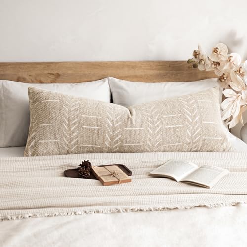 Image of Foindtower Set of 1 Decorative Chenille Jacquard Throw Pillow Cover Textured Farmhouse Body Cushion Covers Neutral Boho Accent Home Decor for Sofa Chair Couch Bed Living Room,14x36 Inch,Natural Beige