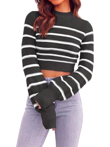 Image of Womens Sexy Crew Neck Cropped Sweaters Knit Long Sleeve Crop Tops Pullover
