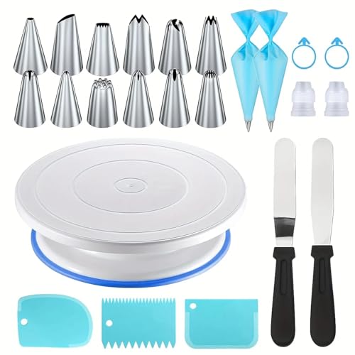 Professional Cake Decorating Kit - Non-Slip Turntable with 12 Piping Tips, Scrapers & Tools for Baking (24PCS-Blue)