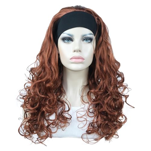 Aimole Long 22" Curly 3/4 Women Wigs With Headband Soft Layered Wig Heat Resisting Fiber Synthetic Hair (130 Copper Red)
