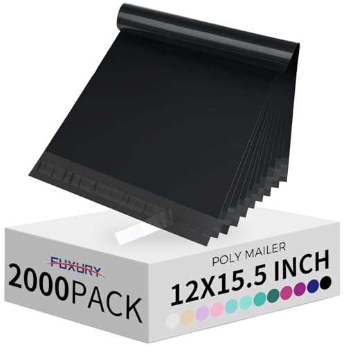 Image of Fuxury 2000 Pcs 12x15.5 inch Poly Mailers,Waterproof Mailing Envelopes for Clothing, Strong Adhesive Poly Shipping Postage Bags for Small Business(Black)