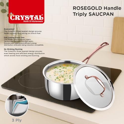 Image of Crystal TriPro -Triply Stainless Steel Saucepan with Lid - 18 cm (Induction Bottom), with Rose Gold Handle (CTP-SP-003A)