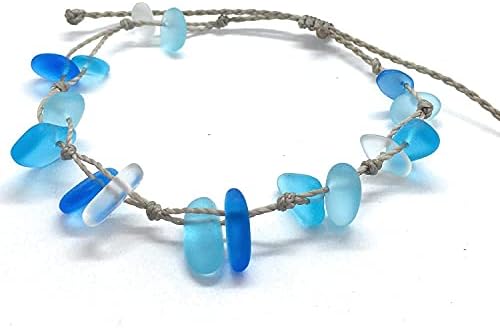 Blue Sea Glass Anklet on Hand Spun Rope Cord, Mixed Blue Casual Ocean Jewelry, Del Mar, Beach Gift for Women, Handmade in the Caribbean (Anklet)