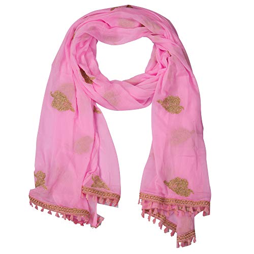 Image of YOUTHQUAKE Golden Patti Embroidered Work Chiffon Dupatta for Womens & Girls with Jaalar Lace