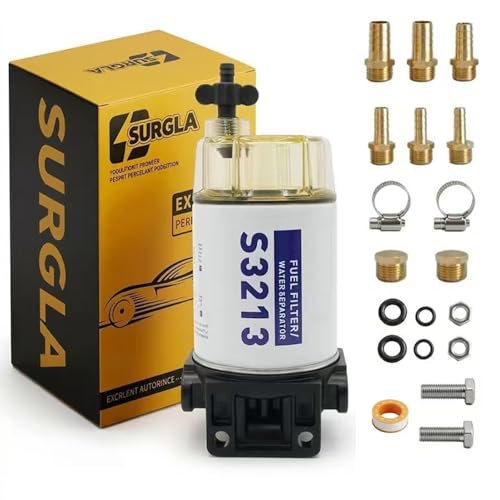 S3213 Fuel Water Separator Filter with Clear Bowl: 10 Micron Marine Fuel Filter Compatible with Yamaha/Mercury/Suzuki/Racor. Replaces 35-60494-1, 18-7932-1. Installation Kit Screws, Fittings & Clamps