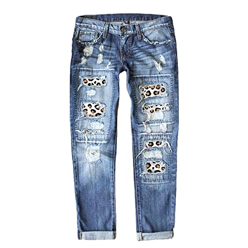 TACSTRUN Womens Ripped Boyfriend Jeans Distressed Leopard Print